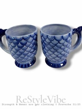 MESA INTERNATIONAL Set of 2 Mermaid Mugs Cups Blue Scales Tail Handle